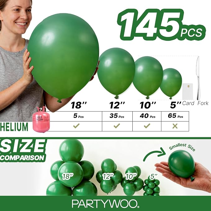 PartyWoo Dark Green Balloons 145pcs Emerald Hunter Forest Green Color | - Image 6