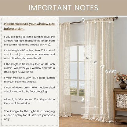 WAZZIO Boho Lace Curtains 2 Panels 45 Inches -Cute Vintage Victorian Sheer - Image 6