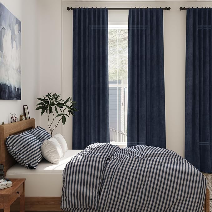 Navy Blue Linen Blend Drapes 84 Inch Length 2 Panels Set Back Tab Rod Pocket - Image 7
