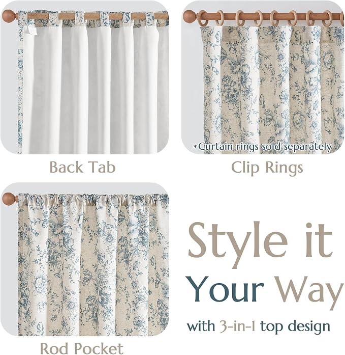 jinchan Blue Floral Linen Curtains Lined 96 Inch Vintage Back Tab 2 Panels | - Image 6