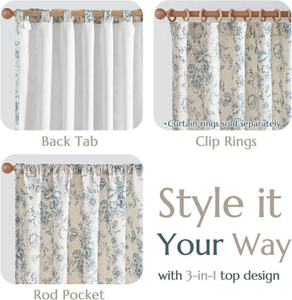 jinchan Blue Floral Linen Curtains Lined 96 Inch Vintage Back Tab 2 Panels | - Image 6