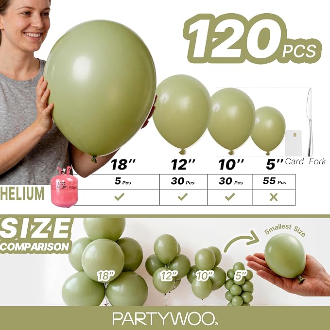 PartyWoo Sage Green Balloons 120pcs Different Sizes of 18 12 10 5 Inch Olive - Image 6