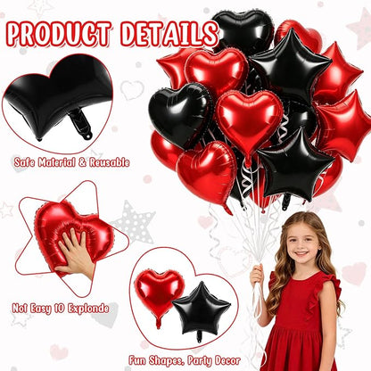TONIFUL 18 Inch Black Red Star and Heart Foil Balloons - Image 4