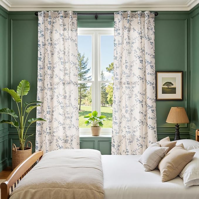 jinchan Blue Floral Linen Curtains 96 Inch Country Drapes Back Tab 2 Panels | - Image 4