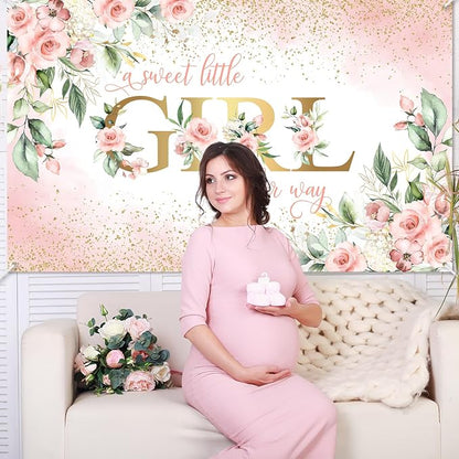 Avezano Girl Baby Shower Backdrop Pink Floral Sweet Baby Baby Shower Banner A - Image 8