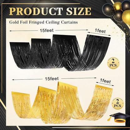 4 Pcs 15ft Gold Black Metallic Foil Ceiling Fringe Curtains, Party Decor Fringe - Image 2