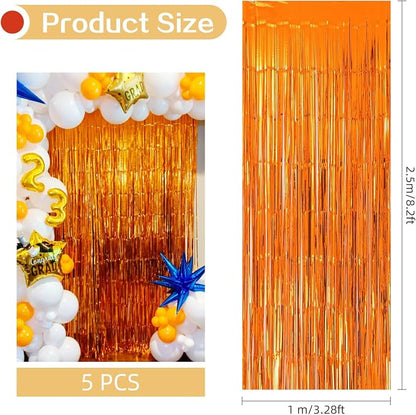 5 Pack Orange Fringe Backdrop 3.2ft x 8.2ft Foil Curtain Tinsel Foil Fringe - Image 3