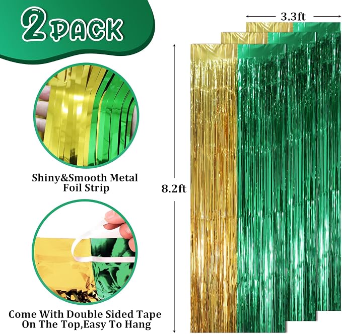 Voircoloria Green Gold Foil Fringe Backdrop Curtains, 2 Pack | Tinsel Streamers - Image 2