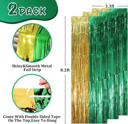 Voircoloria Green Gold Foil Fringe Backdrop Curtains, 2 Pack | Tinsel Streamers - Image 2