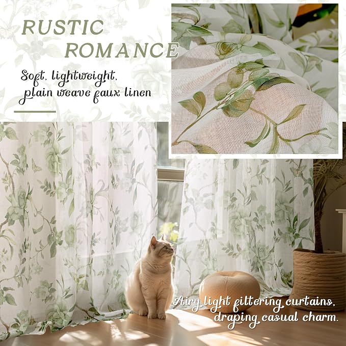 Sage Green Curtains for Bedroom Sheer, Spring Leaf Vines Patterned Farmhouse - Image 4