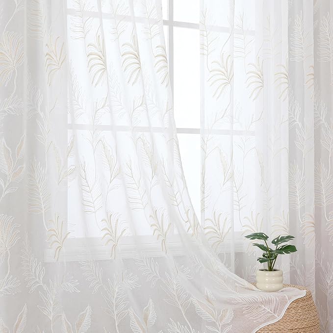 White Sheer Curtains Beige Embroidered Leaf 2 Panels 96 Inches | Light by VISIONTEX