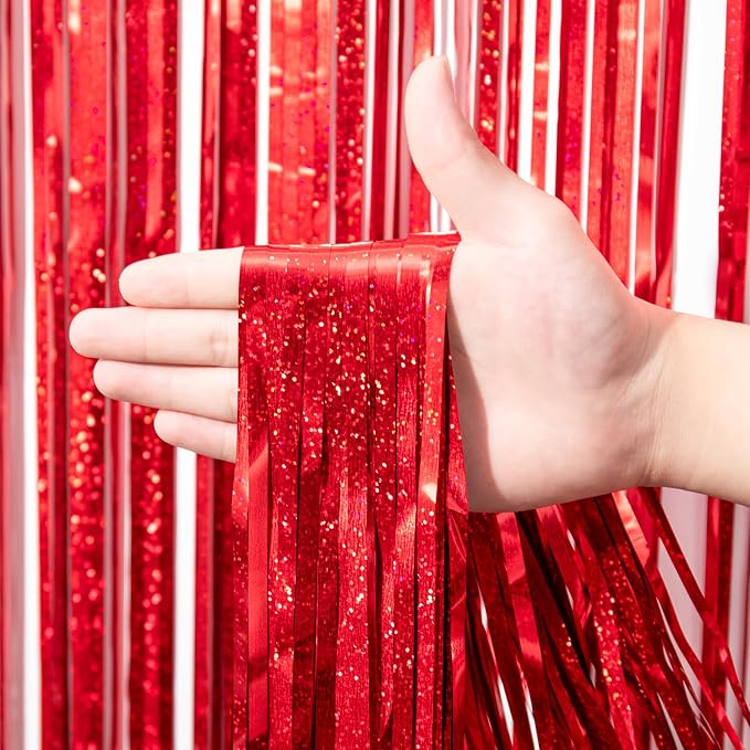 Voircoloria Laser Red Foil Fringe Backdrop Curtains, 3 Pack | Tinsel Streamers - Image 2