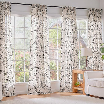 Black Vintage Floral Linen Curtains Farmhouse 38W X 63L 2 Panels | Elisa Series - Image 6