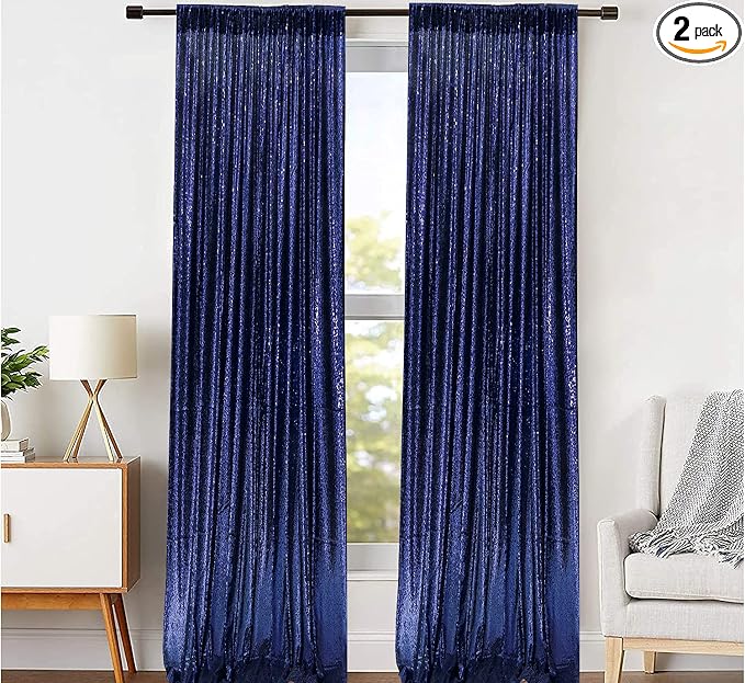 JYFLZQ Navy Blue Sequin Backdrop Curtains 2ft x 8ft 2 Panel Glitter Photo Booth by JYFLZQ