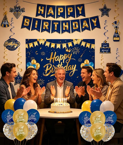 Blue Gold Birthday Decorations for Men Women | Pre-Strung Happy Birthday Banner - Image 2