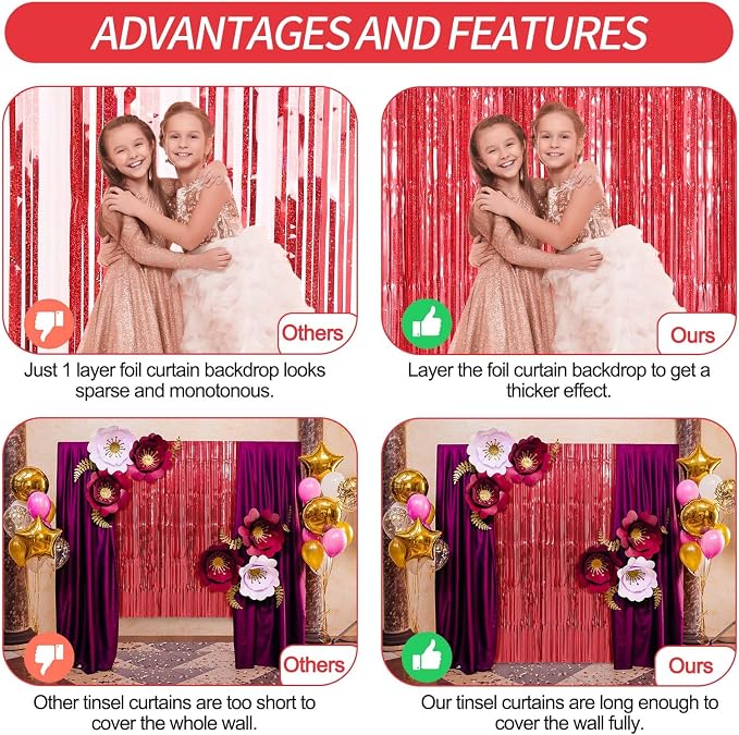 Crosize 4 Pack Red Party Streamers Backdrop, 3.3 x 9.9 ft | Tinsel Foil Fringe - Image 6