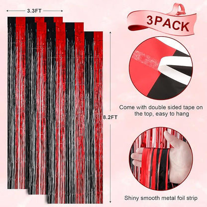 Voircoloria Red and Black Foil Fringe Backdrop Curtains, 3 Pack | Tinsel - Image 3