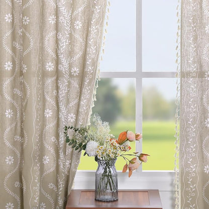 Schweek Tan Beige 63 Inches Long Boho Tassels Curtains 2 Panels - Image 2