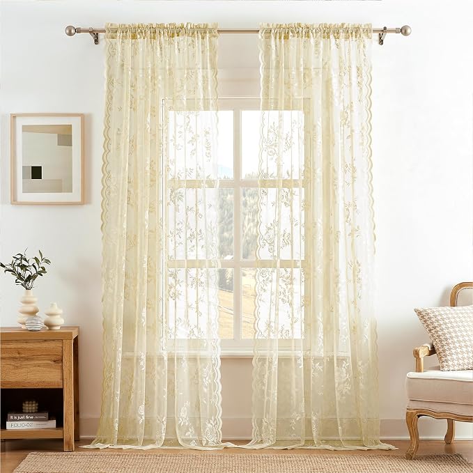 Beige Lace Curtains 102 Inches Long Modern Floral Curtain by SEEKRIGHTHomeDecor