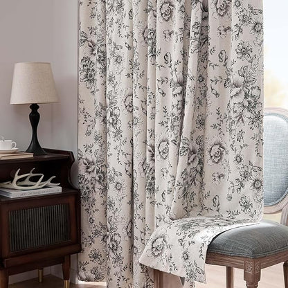 jinchan Black Floral Linen Blackout Curtains 84 Inch Back Tab 2 Panels | - Image 8