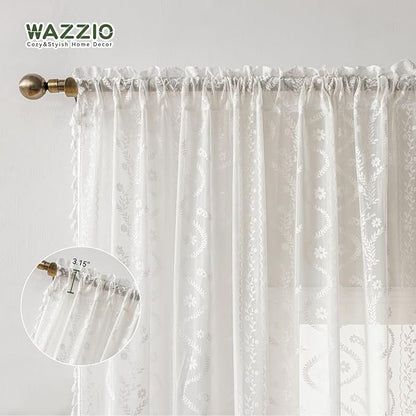 WAZZIO White Boho Lace Curtains 96 Inch -Cute Vintage Victorian Sheer Panel - Image 6