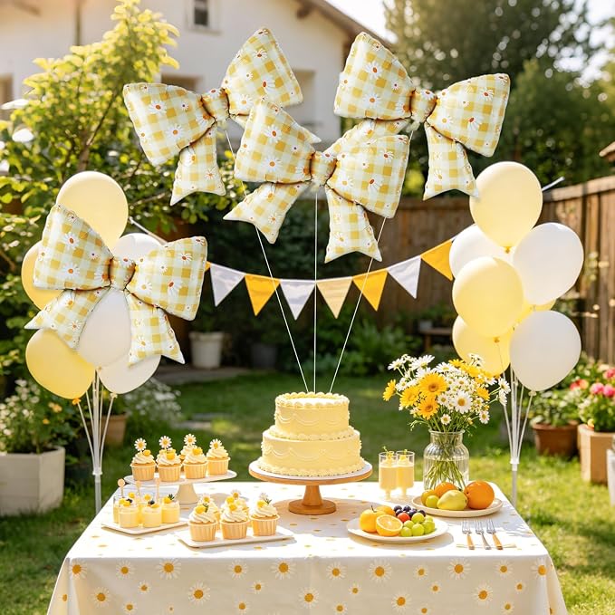 4 PCS Daisy Bow Balloons, Large Yellow Gingham Coquette Foil Balloon Set | - Image 7