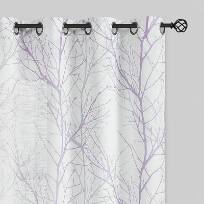 FMFUNCTEX Linen Lilac White Semi Sheer Print Curtains 84 Inch Long 2 Panels | by Fmfunctex