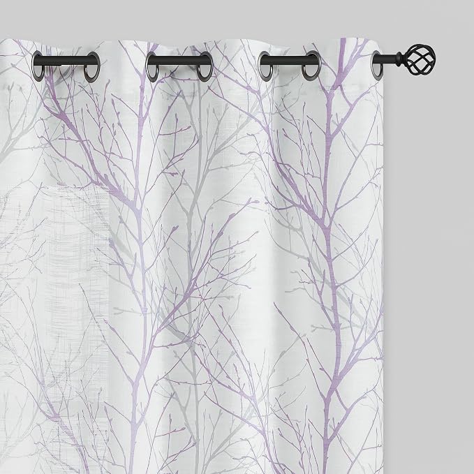 FMFUNCTEX Linen Lilac White Semi Sheer Print Curtains 72 Inch Long 2 Panels | by Fmfunctex