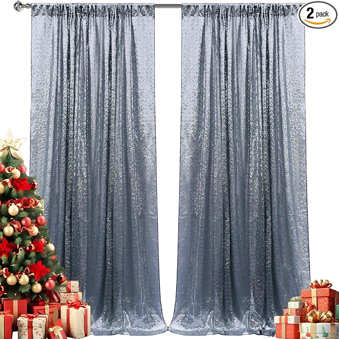 4×8FT-2PCS Black Silver Sequin Backdrop Curtains Panels, Photography Backdrop by Pufogu