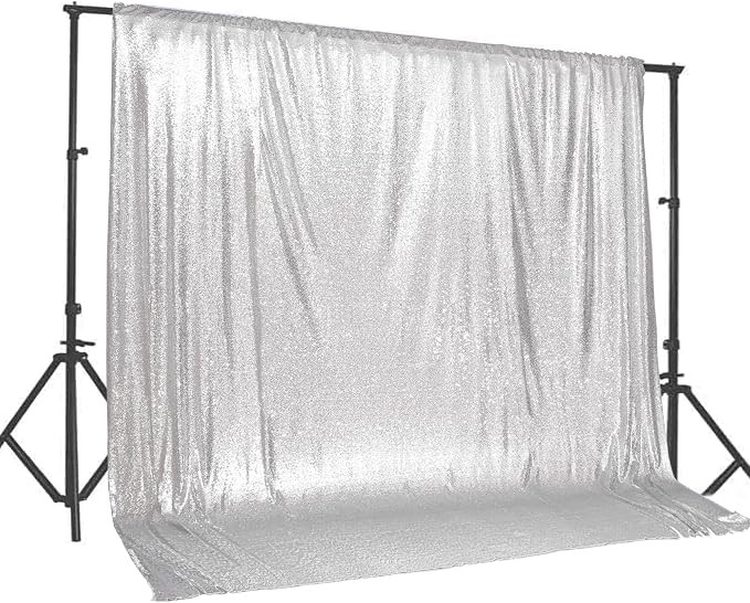 PartyDelight Silver Sequin Backdrop 20x10ft Sparkly Photo Curtain | 4 Inch Rod by PartyDelight