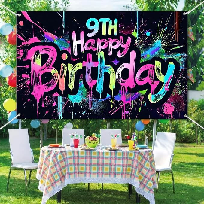HOMETITUTE Neon 9th Birthday Banner Backdrop Decorations 71x43 Inch | Graffiti - Image 6