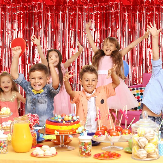5 Pack Red Foil Curtain Backdrop 3.2ft x 9.8ft Metallic Tinsel Foil Fringe - Image 5