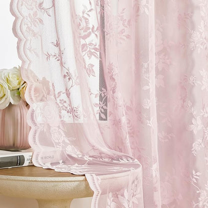 Light Pink Lace Curtains 84 Inch Length 2 Panels Rod Pocket Large Floral Lace by SEEKRIGHTHomeDecor
