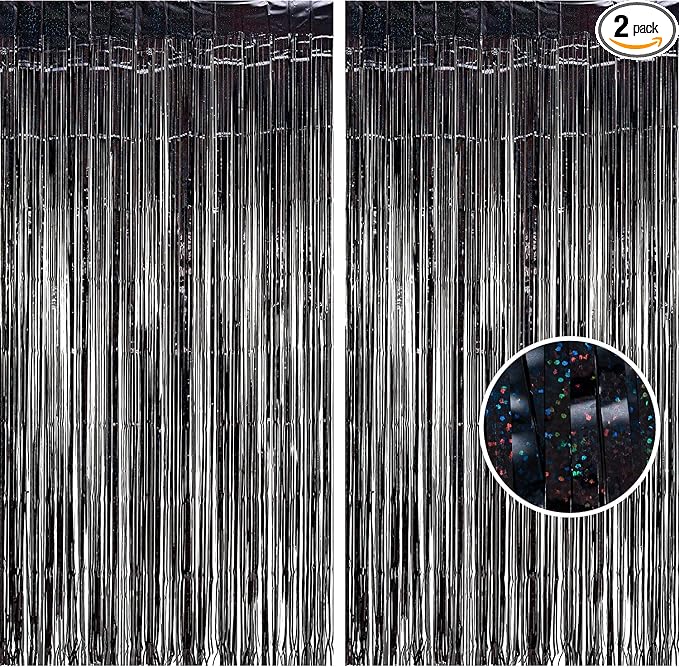 BRAVESHINE Black Foil Fringe Curtains | Metallic Tinsel Backdrop | 2 Pack | by BRAVESHINE