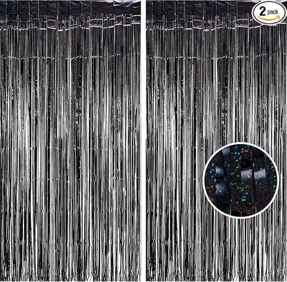 BRAVESHINE Black Foil Fringe Curtains | Metallic Tinsel Backdrop | 2 Pack | by BRAVESHINE
