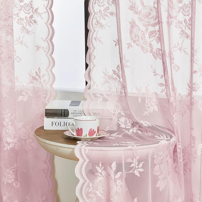 Light Pink Lace Curtains 45 Inch Length 2 Panels Rod Pocket Large Floral - Image 3