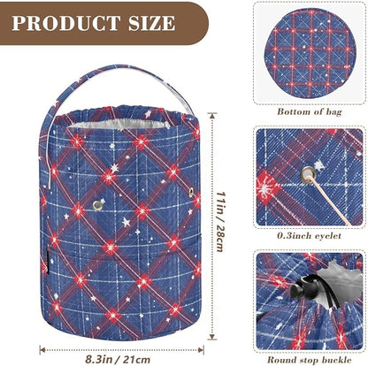 Blue Retro Plaid Stars Yarn Bag Small Crochet Bag Drawstring Yarn Storage - Image 3