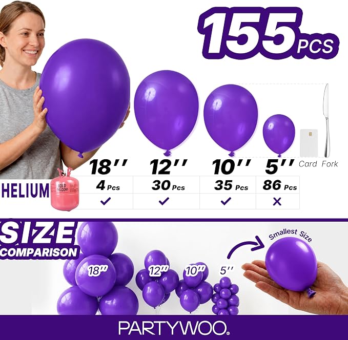 PartyWoo Dark Purple Balloons 155pcs Royal Purple Color 18 12 10 5 Inch | - Image 7