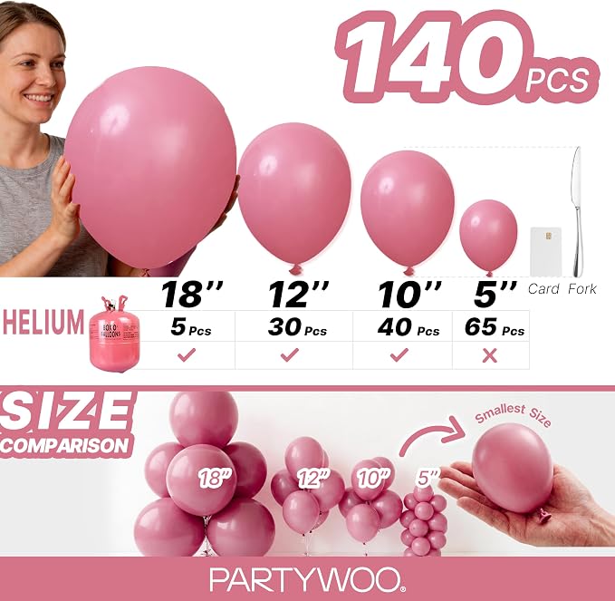 PartyWoo Mauve Dusty Balloons 140pcs Pink Rose Color 18 12 10 5 Inch | 18 12 10 - Image 6
