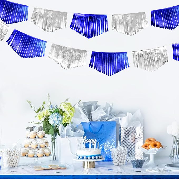 Royal Blue Silver Tassel Banner Metallic Fabric Pennant Bunting Flag - Image 4