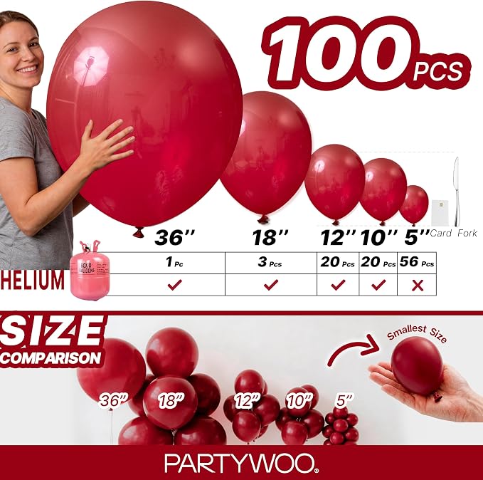 PartyWoo Burgundy Balloons 100pcs Dark Red Maroon Ruby Red Color | 36 18 12 10 - Image 7