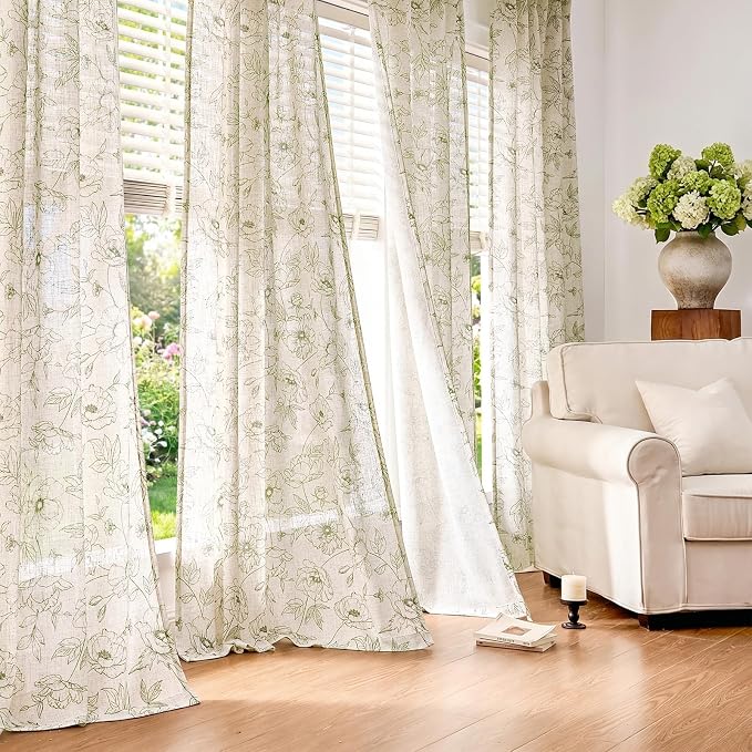 jinchan Floral Linen Curtains for Living Room 63 Inch Length Green Flower - Image 8