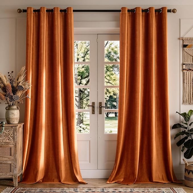 BULBUL Velvet Burnt Orange Blackout Curtains 102 inch Long by ModernShinyVelvetCurtains