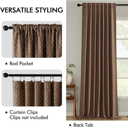 MIULEE Patterned Farmhouse Linen Curtains, Back Tab, Dark Coffee | Linen - Image 3