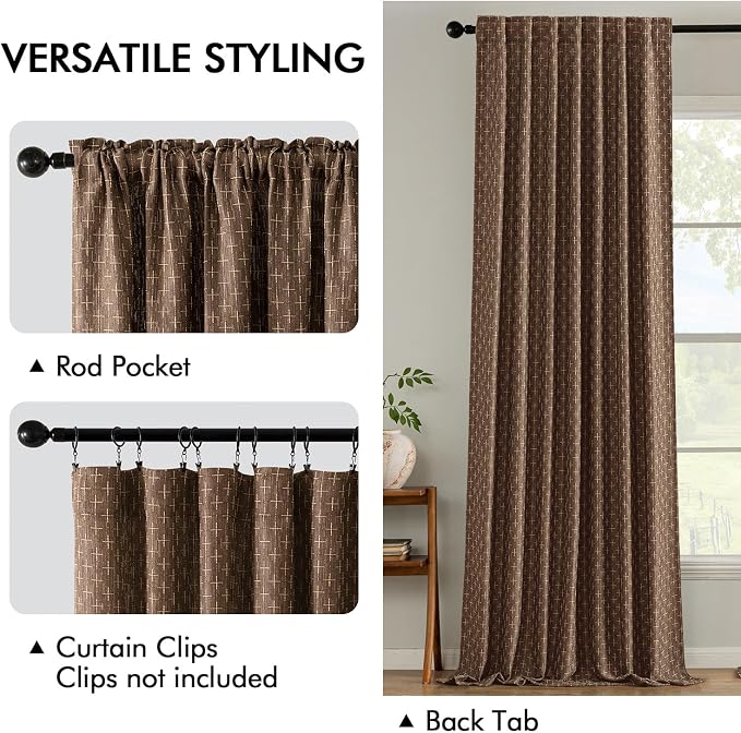 MIULEE Patterned Farmhouse Linen Curtains, Back Tab, Dark Coffeen | Linen - Image 3