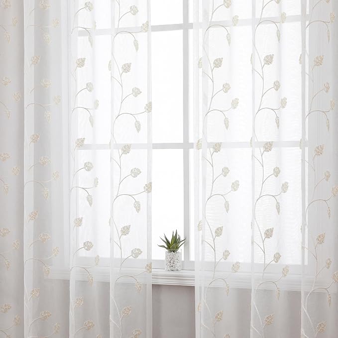 Beige Sheer Curtains Decorative Embroidered Leaf 63 Inches Long | Light - Image 2