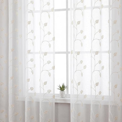 Beige Sheer Curtains Decorative Embroidered Leaf 84 Inches Long | Light - Image 2