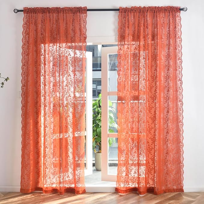 FINECITY Burnt Orange Floral Lace Curtains - Image 7