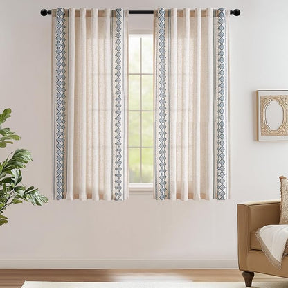 jinchan Floral Linen Curtains Embroidered Back Tab 50x63in 2 Panels Blue | - Image 2