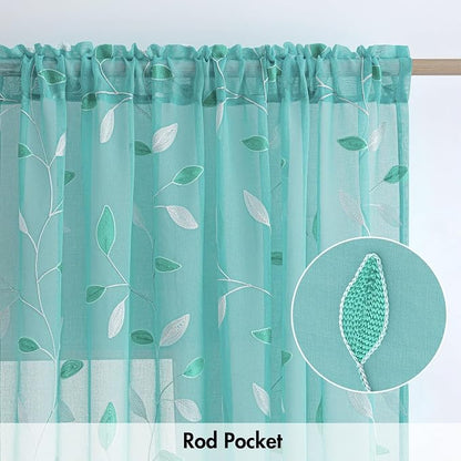 MIULEE Turquoise Sheer Curtains 2 Panels Leaf Patterned, W52 x L84 | - Image 6